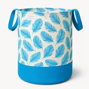 unicraft leaf design laundry bag 45l blue pack of 1  foldable amp collapsible laundry basket with handles  durable clothes amp toys storage organizer for home bedroom bathroom amp travel