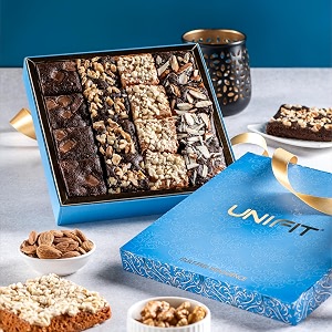 unifit premium nutri fudge gift pack  assorted protein-richgluten-freemaida free refined sugar free eggless brownies with almonds walnuts and peanut butter  640g