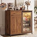 Unikito Coffee Bar Cabinet with Mini Fridge Space &amp; Power Outlet, Walnut