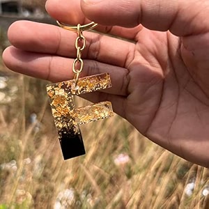 black and gold foil design resin alphabet initial letter keychain key ring for men women girls purse handbags  black  h2-l0ur-b8l7_new