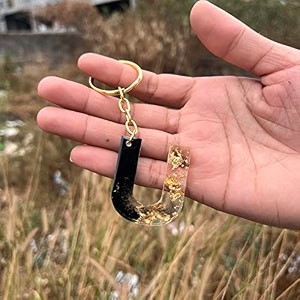 black and gold foil design resin alphabet initial letter keychain key ring for men women girls purse handbags  black  h2-l0ur-b8l7_new