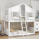 Unique Wood House Bunk Bed with Roof/Window/Window Box/Door Designs, Twin Over Twin Bunk Bed with Safety Guardrails and Ladder for Kids Boys Girls (White/House*R)