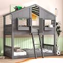 Unique Wood House Bunk Bed with Roof/Window/Window Box/Door Designs, Twin Over Twin Bunk Bed with Safety Guardrails and Ladder for Kids Boys Girls (Gray/House*R)