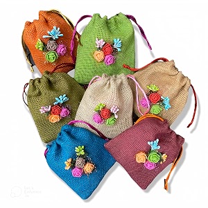 Unisex Colored Jute Potli With Multicolour Flower