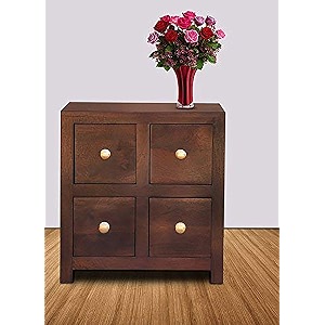 solid mango wood bedside table with 4 drawers wooden bed side end tables night stand furniture for home living room bedroom - teak finish