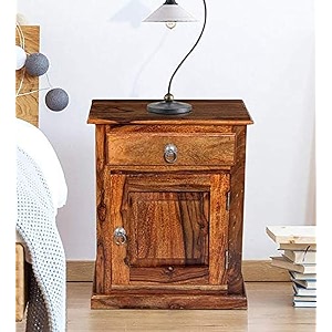 sheesham wood bedside table solid wooden drawer amp cabinet storage bed side end tables night stand furniture for home living room bedroom - brown