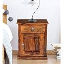 Sheesham Wood Bedside Table Solid Wooden Drawer & Cabinet Storage Bed Side End Tables Night Stand Furniture for Home Living Room Bedroom - Brown