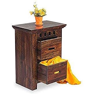 solid sheesham wood bedside table wooden with 2 drawers storage bed side end tables night stand furniture for home living room bedroom - brown finish
