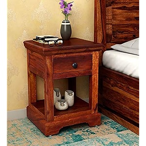 solid sheesham wood square bedside table wooden bed side end tables night stand with drawer storage furniture for home living room bedroom - brown