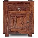 Solid Sheesham Wood Bedside Table Wooden Bed Side End Tables with Drawer &amp; Cabinet Night Stand Furniture for Home Living Room Bedroom - Dark Brown Finish