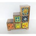 UNIVERSAL ART Wooden Chest with 6 Drawers | Multi-Storage Handpainted Ceramic Organizer/Cabinet for Home, Living Room, Hall, Office | Ideal for Spices, Jewelry, and Trinkets (10x22x21 CM)