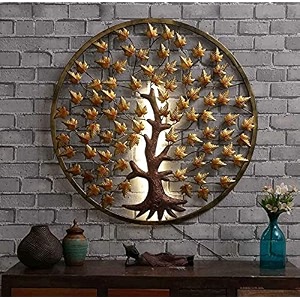 universal art rajasthani ethnic handcrafted metal decorative round mepal tree wall art with led powder coated for home office living room decoration - golden_size 40x2x40 inch  100x5x100 cm