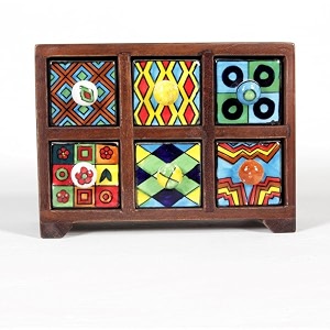 universal art wooden chest with 6 drawers  multi-storage handpainted ceramic organizercabinet for home living room hall office  ideal for spices jewelry and trinkets 22x9 x16 cm
