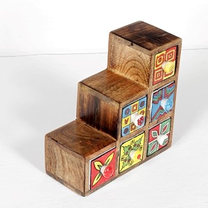 universal art wooden chest with 6 drawers  multi-storage handpainted ceramic organizercabinet for home living room hall office  ideal for spices jewelry and trinkets 126x12x18 cm