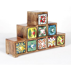 universal art wooden chest with 9 drawers  multi-storage handpainted ceramic organizercabinet for home living room hall office  ideal for spices jewelry and trinkets 356 x 89 x 222 cm