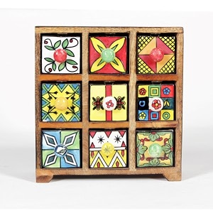 universal art wooden chest with 9 drawers  multi-storage handpainted ceramic organizercabinet for home living room hall office  ideal for spices jewelry and trinkets 22x9x22cm