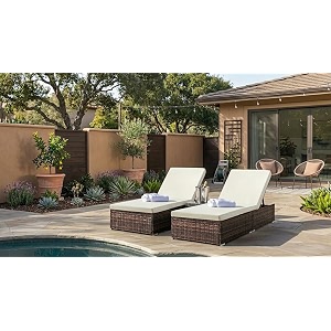 universal furniture outdoor wicker chaise lounge pe rattan 4-position adjustable backrest with cushions for poolside patio deck- twotone beige set of 2