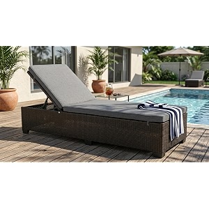 universal furniture outdoor wicker chaise lounge pe rattan 4-position adjustable backrest with cushions for poolside patio deck black grey