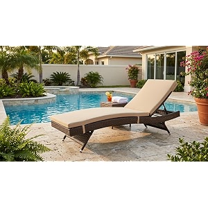 universal furniture outdoor wicker chaise lounge pe rattan 4-position adjustable backrest with cushions for poolside patio deck-brown amp beige