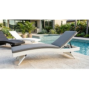 universal furniture wicker chaise lounge chair pe rattan adjustable backrest foldable for poolside backyard deck and porch-white grey