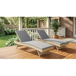 universal furniture wicker chaise lounge chair pe rattan adjustable backrest foldable for poolside backyard deck and porch- beige grey set of 2