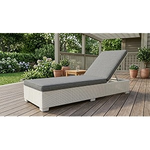 universal furniture wicker chaise lounge chair pe rattan adjustable backrest foldable for poolside backyard deck and porch-white grey