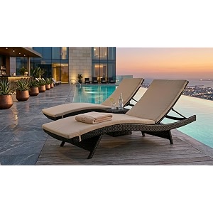 universal furniture wicker chaise lounge chair pe rattan adjustable backrest foldable for poolside backyard deck and porch-black amp beige