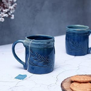 unravel stylish ceramic mugs  set of 2  drinking hot amp cold beverages  handcrafted teacoffee mug  cups ideal for daily use  durable amp long lasting gift  leaf outer design blue