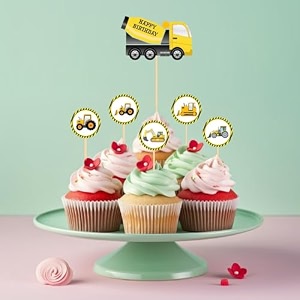 untumble construction theme birthday cake toppers and cup cake toppers pack of 25