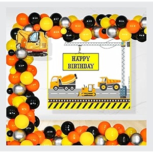untumble construction theme birthday decoration kit of 63 pieces with birthday supplies including jcb cement mixer backdrop banner arch strip foil balloons and latex balloons