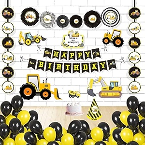 untumble construction theme birthday decoration party supplies combo pack jcb theme birthday kit with banner paper fans danglers posters cake topper hat and balloons pack of 56 yellow amp black