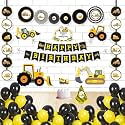 Untumble Construction Theme Birthday decoration party supplies combo pack JCB Theme Birthday kit with Banner Paper fans Danglers Posters Cake topper Hat and Balloons (Pack of 56, Yellow &amp; Black)
