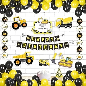 untumble construction theme birthday decorations for boys 1st 2nd 3rd 4th 5th party kit with hats for kids banner posters danglers cake toppers and balloons black and yellow pack of 59