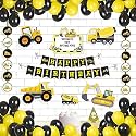 Untumble Construction theme birthday decorations for Boys 1st 2nd 3rd 4th 5th party kit with Hats for kids Banner Posters Danglers Cake Toppers and Balloons (Black and Yellow Pack of 59)
