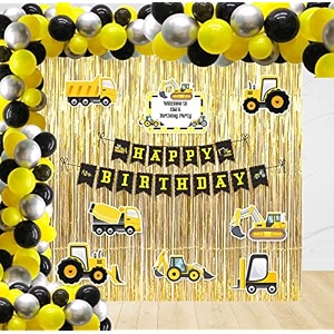 untumble construction theme birthday party decorations  112 pcs kit  balloon arch gold foil curtain banner amp vehicle posters  party supplies for boys 1st 2nd 3rd 4th 5th birthday
