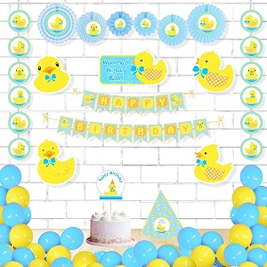 untumble duck theme birthday decoration paper fan kit  duck theme birthday decorations with duck themed paper fans happy birthday banner danglers hat cake topper amp balloons  pack of 56