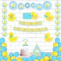 Untumble Duck Theme Birthday Decoration Paper Fan Kit | Duck Theme Birthday Decorations With Duck Themed Paper Fans, Happy Birthday Banner, Danglers, Hat, Cake Topper, &amp; Balloons | Pack of 56