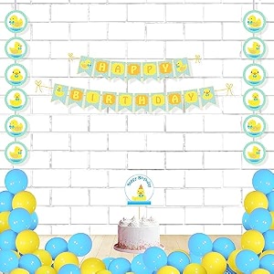 untumble duck theme birthday decorations  duck theme birthday decoration items with happy birthday banner danglers cake topper amp balloons  duck theme birthday party decorations  pack of 24