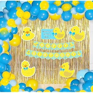 untumble duck theme birthday decorations foil kit  duck theme birthday decorations with golden foil curtain happy birthday banner duck posters amp balloons  duck theme  pack of 108