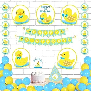 untumble duck theme birthday decorations hat kit  yellow duck theme decorations with happy birthday banner danglers duck posters hats cake topper and balloons  duck theme  pack of 59