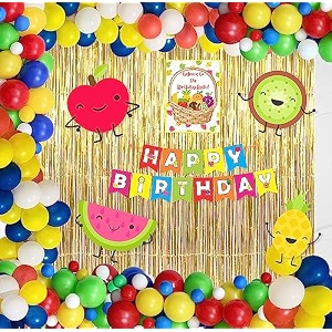 untumble fruit theme birthday decoration kit in multi color with happy birthday banner posters arch strip foil curtain balloons  pack of 108 