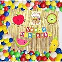 Untumble Fruit theme Birthday Decoration kit in Multi color with Happy Birthday Banner ,Posters, Arch Strip, Foil Curtain ,Balloons ( Pack of 108 )