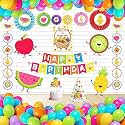 Untumble Fruit Theme Birthday Party Supplies Combo Pack, Happy Birthday Decoration kit with Banner, Paper Fans, Danglers, Posters, Cake Topper, Hat and Balloons (Multicolor) - Pack of 56
