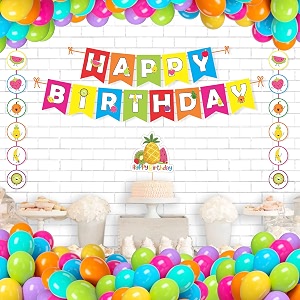 untumble fruits theme birthday decoration kit in multi color with happy birthday banner dangler 4ft cake topper balloons pack of 24
