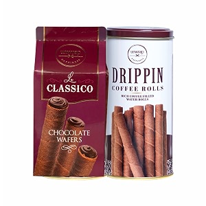 unwrap happiness wafer roll combo drippin coffee roll 120g amp le classico chocolate wafer 85gdecadent coffee amp vanilla flavoured choco cream filled rollswaffy sticks in tinzero cholesterol snacks
