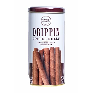 unwrap happiness drippin coffee roll  deliciously decadent coffee wafer rolls  premium chocolate waffy stick mould tin  chocolate cream filled rolls  120 grams