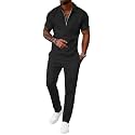 UOUA Mens 2 Piece Outfits 1/4 Zip Polo Casual Pants Summer Set Tracksuit