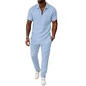 UOUA Mens 2 Piece Outfits 1/4 Zip Polo Casual Pants Summer Set Tracksuit
