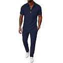 UOUA Mens 2 Piece Outfits 1/4 Zip Polo Casual Pants Summer Set Tracksuit