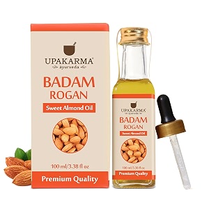 upakarma ayurveda premium badam rogan oil - 100ml  pure amp natural cold pressed sweet almond oil  promotes skin amp hair health  pack of 1